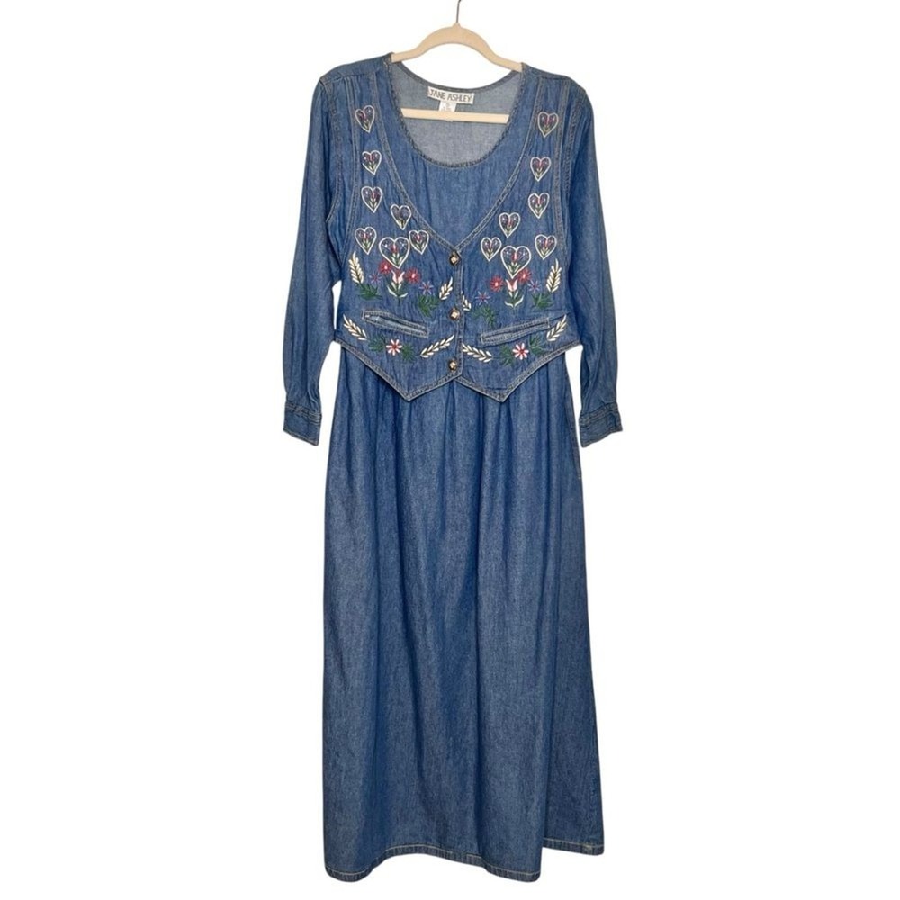 Vtg JANE ASHLEY Embroidered Denim Midi Dress. Size Small - Picture 2 of 9